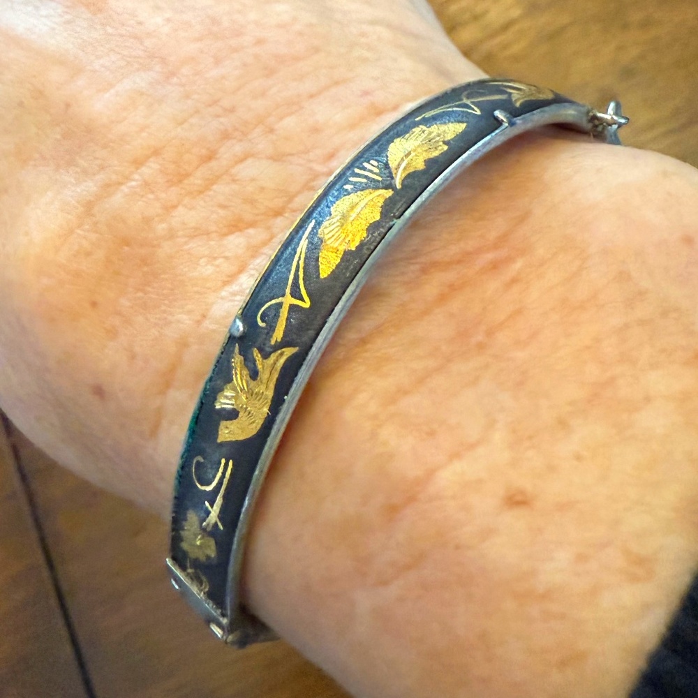 Vintage Damascene Hinged Bangle Bracelet